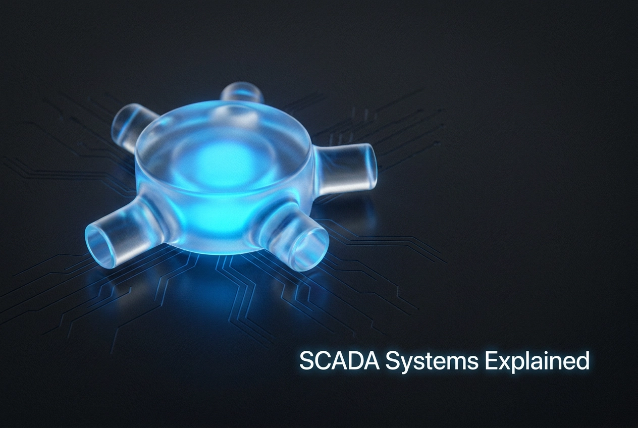 Professional header image for educational tutorial: SCADA Systems Explained: What They Do, How They Work, and...